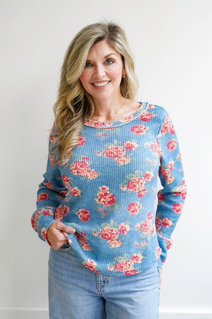 Washed Floral Waffle Knit Long Sleeve Top