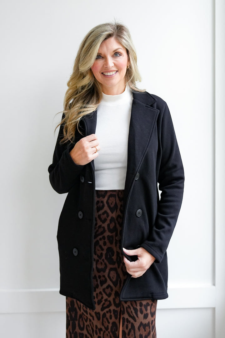 Plus/Reg Black Knit Long Sleeve Double Breasted Blazer