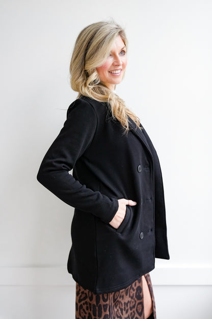 Plus/Reg Black Knit Long Sleeve Double Breasted Blazer