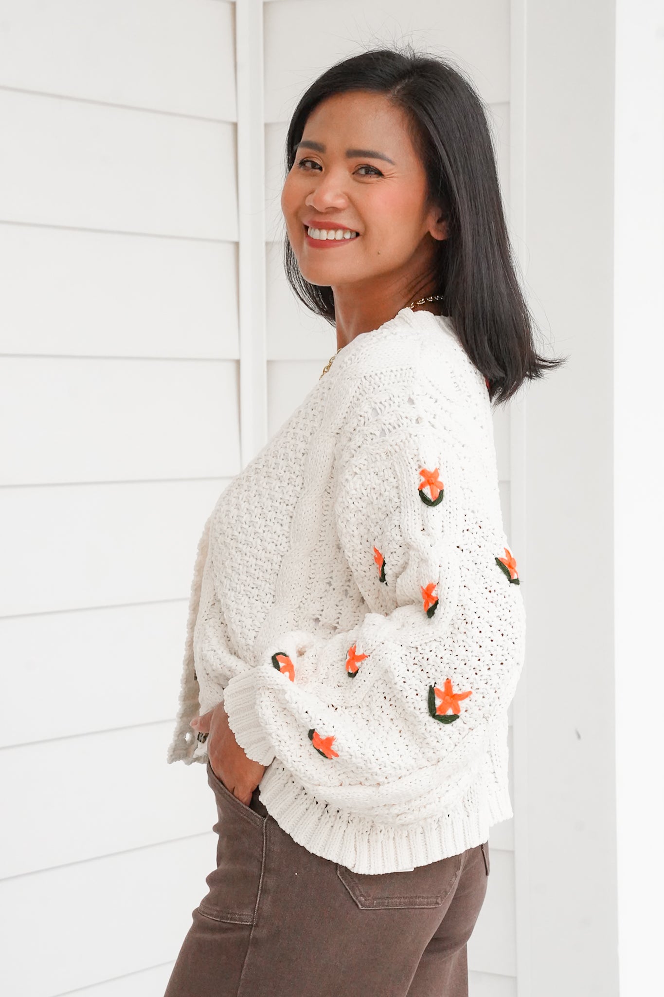 POL Floral Embroidered Long Sleeve Button Up Sweater