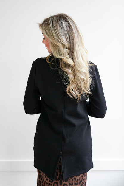 Plus/Reg Black Knit Long Sleeve Double Breasted Blazer