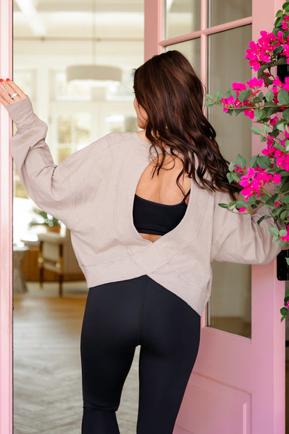 Solid Long Sleeve Open Back Top