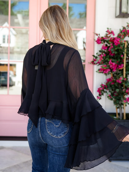 Chiffon Long Ruffle Bell Sleeve Mock Neck Top