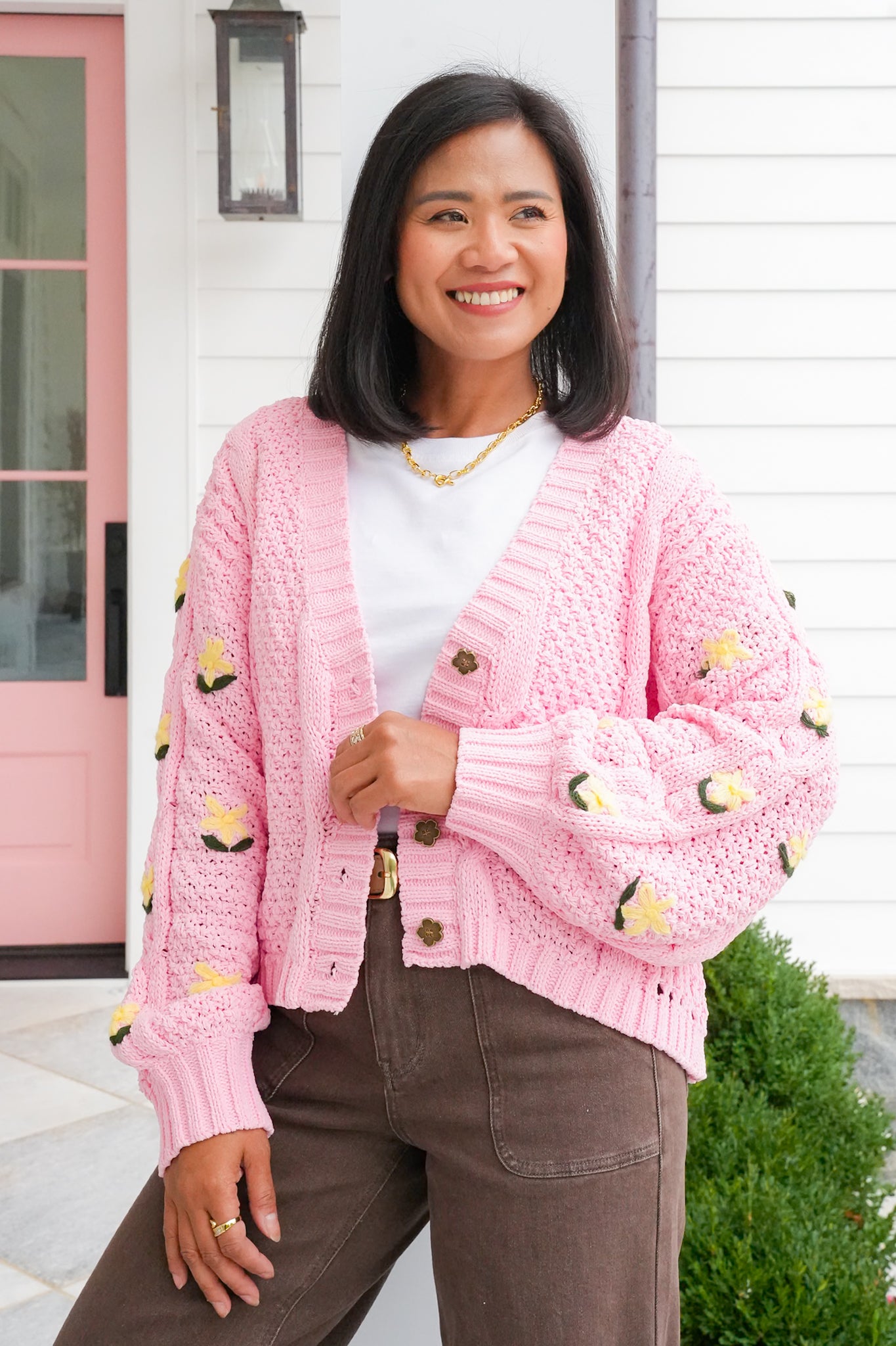 POL Floral Embroidered Long Sleeve Button Up Sweater