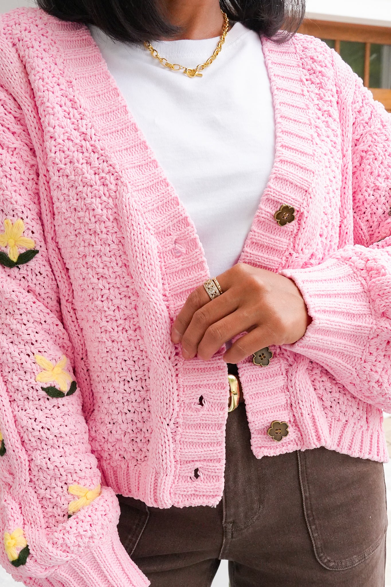 POL Floral Embroidered Long Sleeve Button Up Sweater