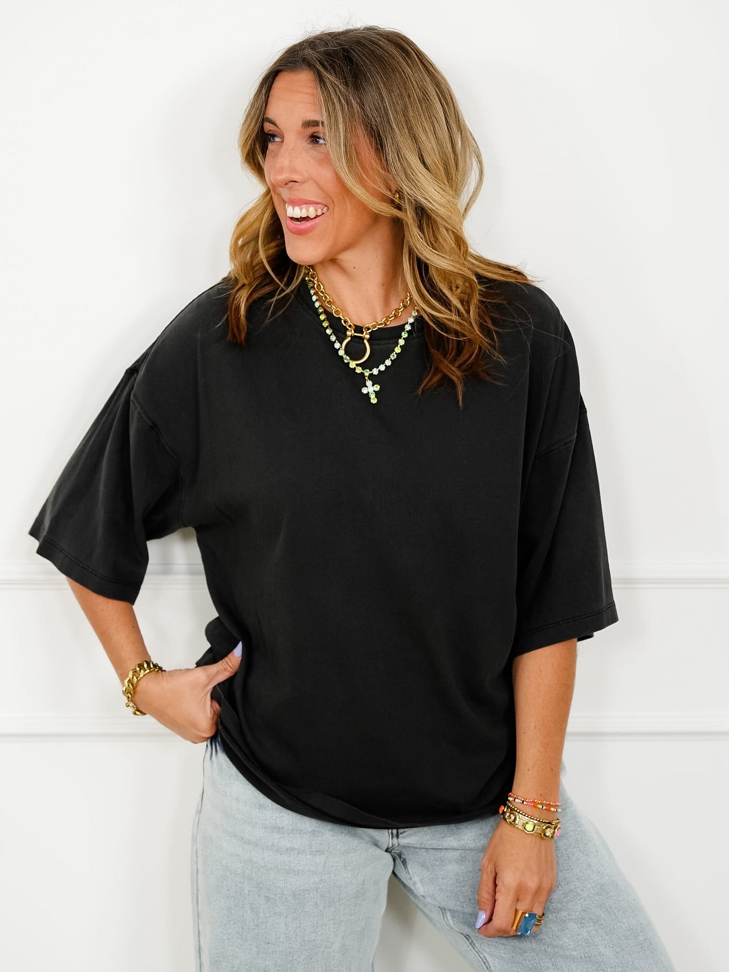 Door Buster! Washed Half Sleeve Crew Neck Drop Shoulder Top