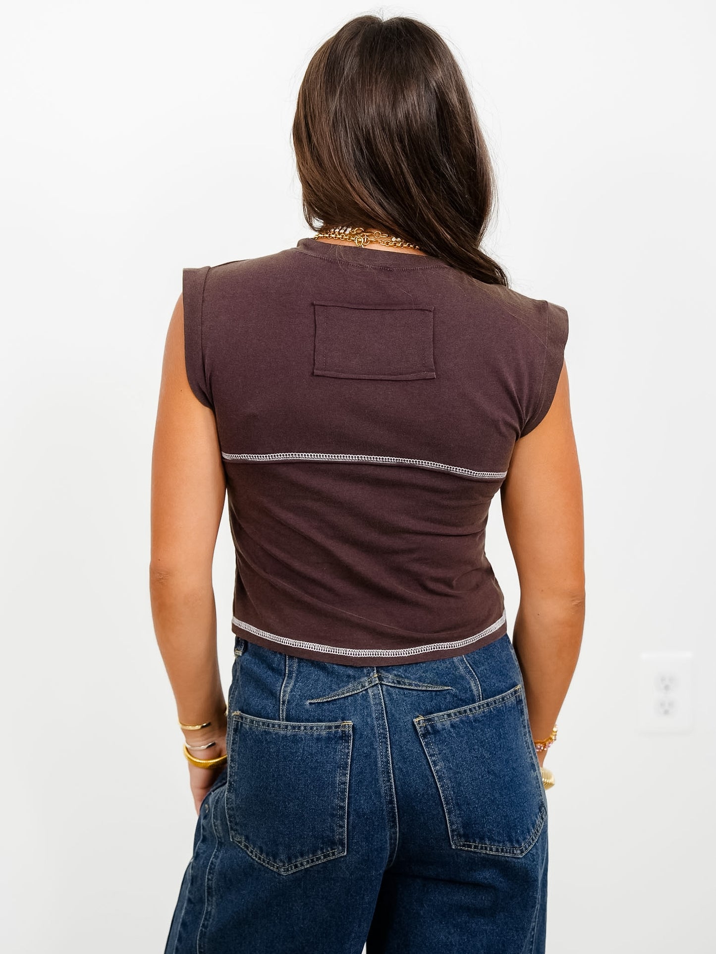 POL Cotton Blend Sleeveless Studded Crop Top with Stitch Detail