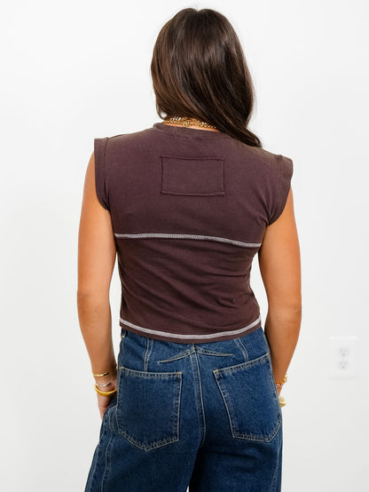 POL Cotton Blend Sleeveless Studded Crop Top with Stitch Detail