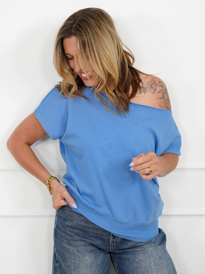 Solid Color Short Sleeve Off Shoulder Terry Top