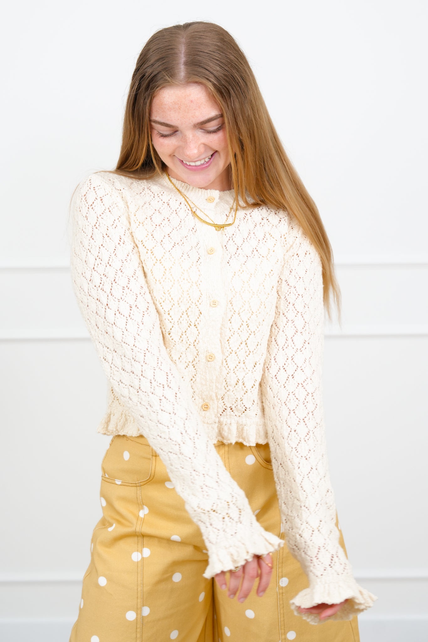 Restock! Knit Long Sleeve Button Down Ruffle Trim Cardigan
