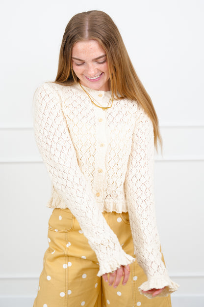 Restock! Knit Long Sleeve Button Down Ruffle Trim Cardigan