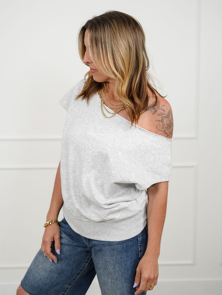 Solid Color Short Sleeve Off Shoulder Terry Top - Freckled Poppy
