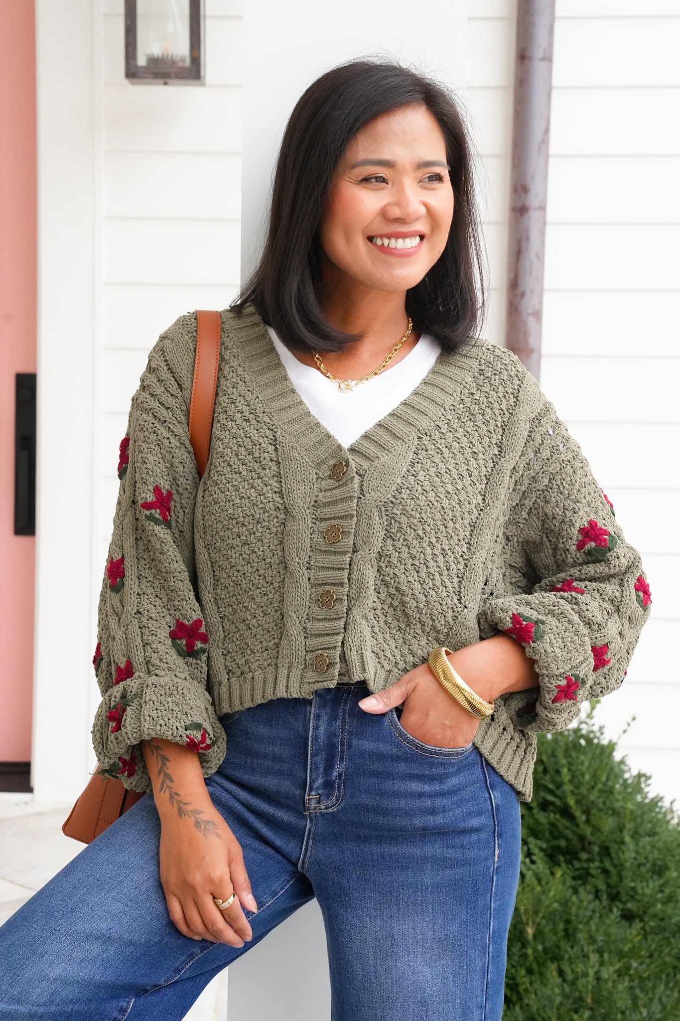 POL Floral Embroidered Long Sleeve Button Up Sweater