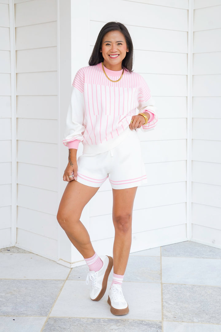Stripe Long Sleeve Top with Elastic Waist Short Set