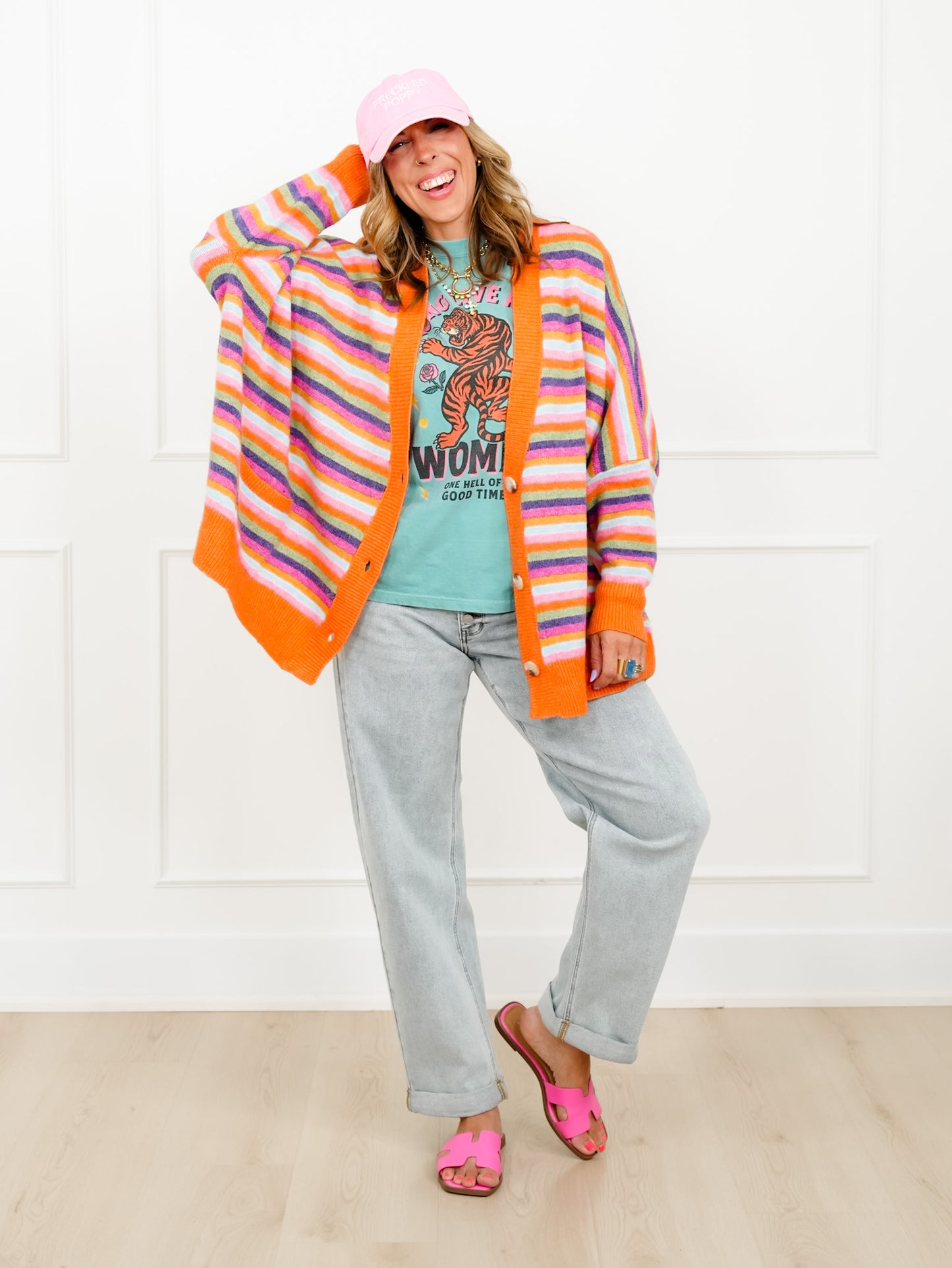 Multi Stripe Long Sleeve Button Down Cardigan