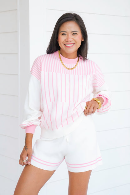 Stripe Long Sleeve Top with Elastic Waist Short Set