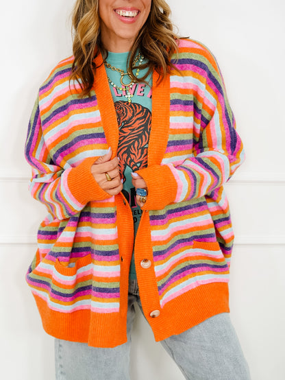 Multi Stripe Long Sleeve Button Down Cardigan
