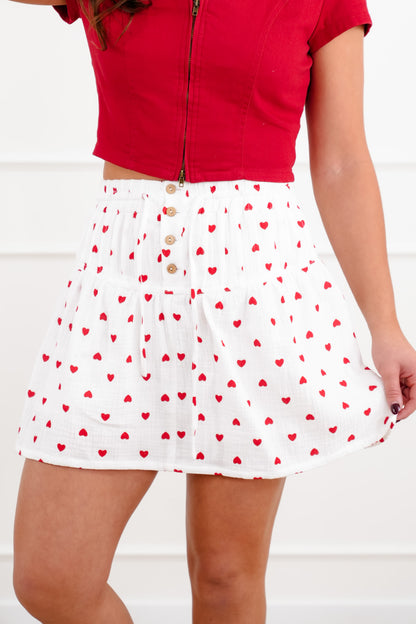 Heart Print Elastic Waist Skirt with Built In Shorts