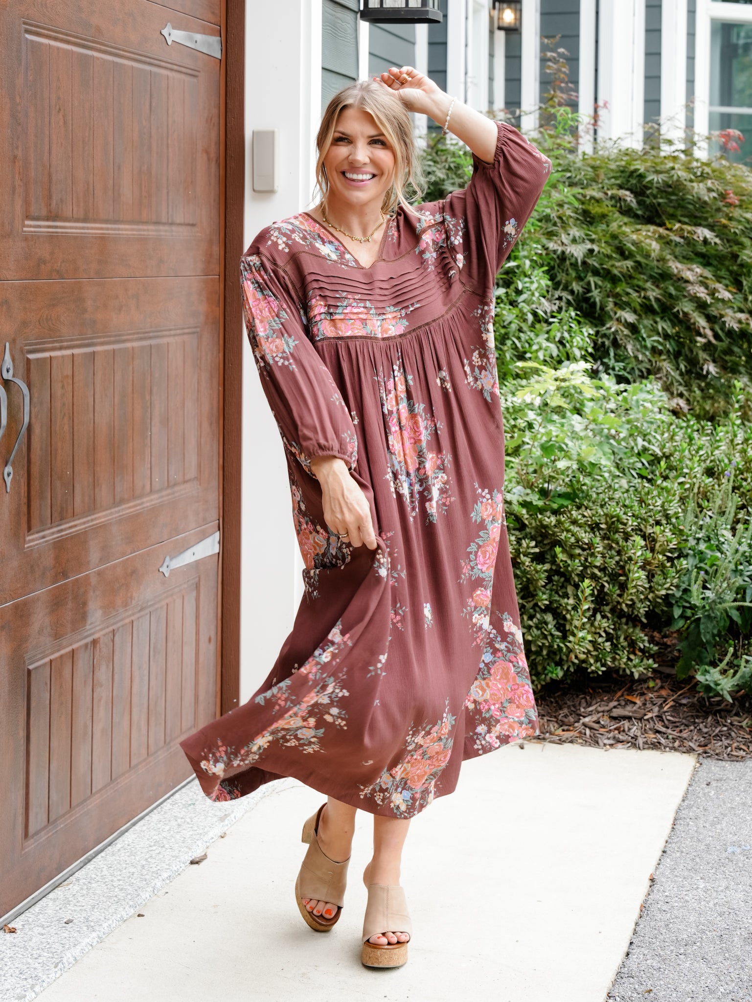 Floral Print Long Sleeve V-Neck Midi Dress – Freckled Poppy