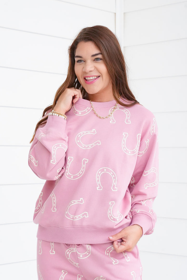 Horseshoe Print Long Sleeve Pullover Sweatshirt