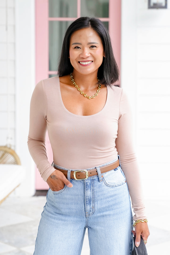 Solid Long Sleeve Scoop Neck Crop Top