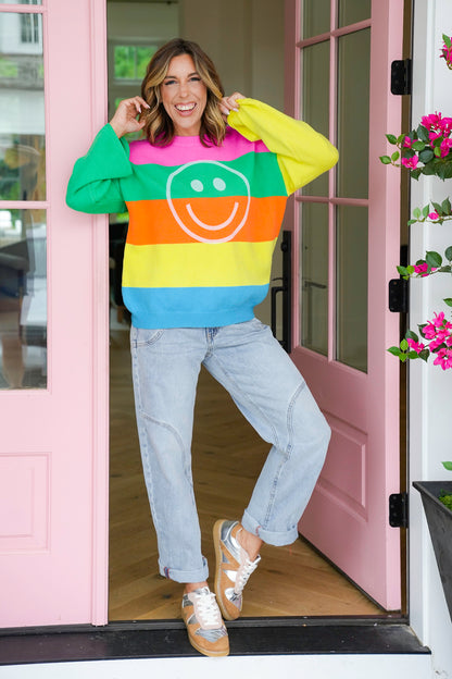 Plus/Reg Stripe Long Sleeve Sweater with Smiley Face Detail