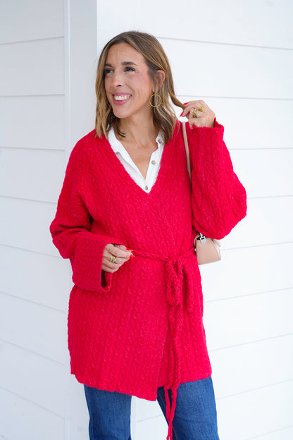 POL Cable Knit Long Sleeve Cardigan with Adjustable Drawstring