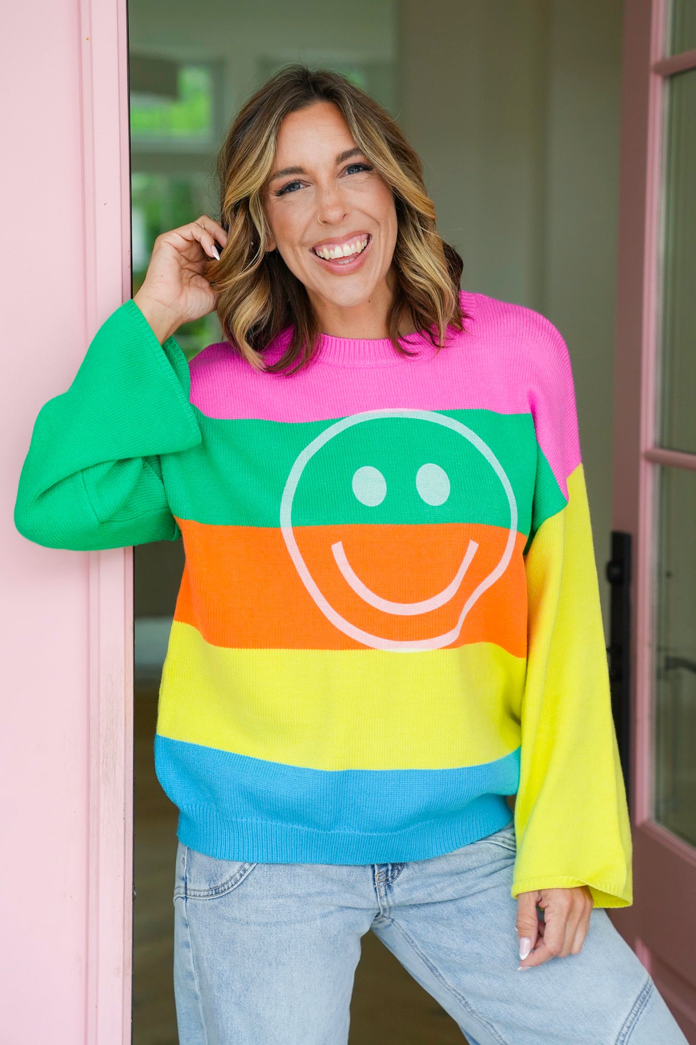 Plus/Reg Stripe Long Sleeve Sweater with Smiley Face Detail