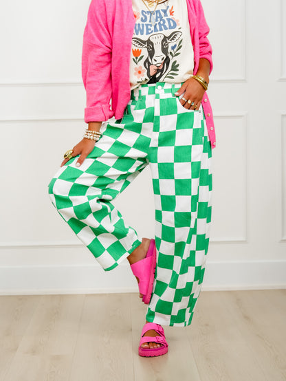 Plus/Reg Checkered Print Barrel Pants