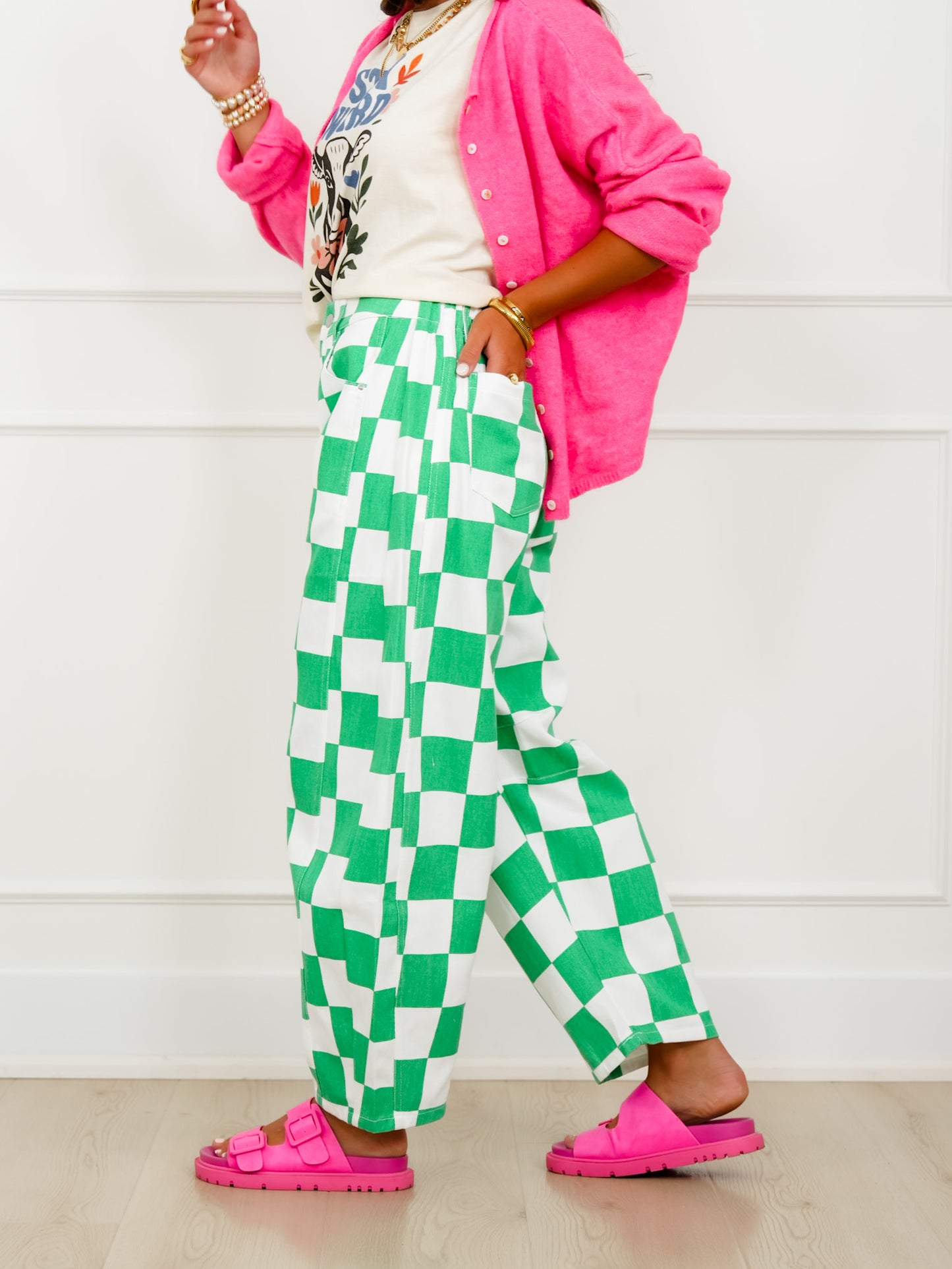 Plus/Reg Checkered Print Barrel Pants