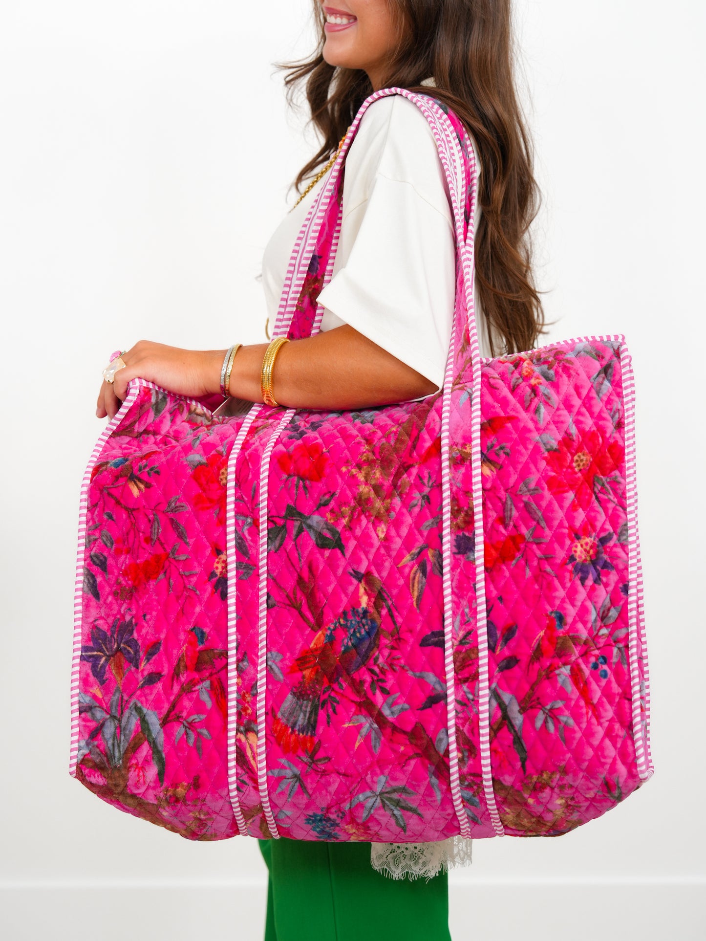 POL Fuchsia Botanical Velvet Quilted Tote Bag