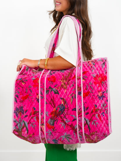 POL Fuchsia Botanical Velvet Quilted Tote Bag