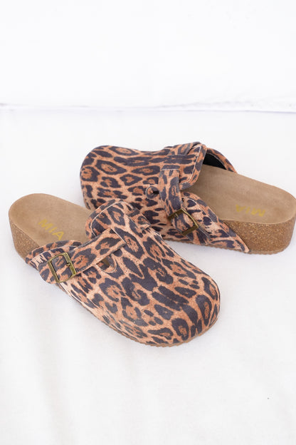 MIA Leopard Print Vegan Suede Clog with Adjustable Buckle and Cork Footbed