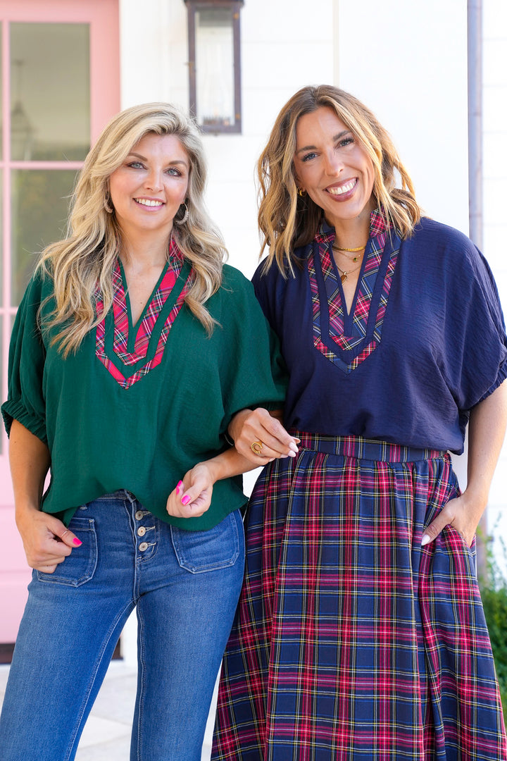 Plus/Reg Short Dolman Sleeve Plaid V Neck Top