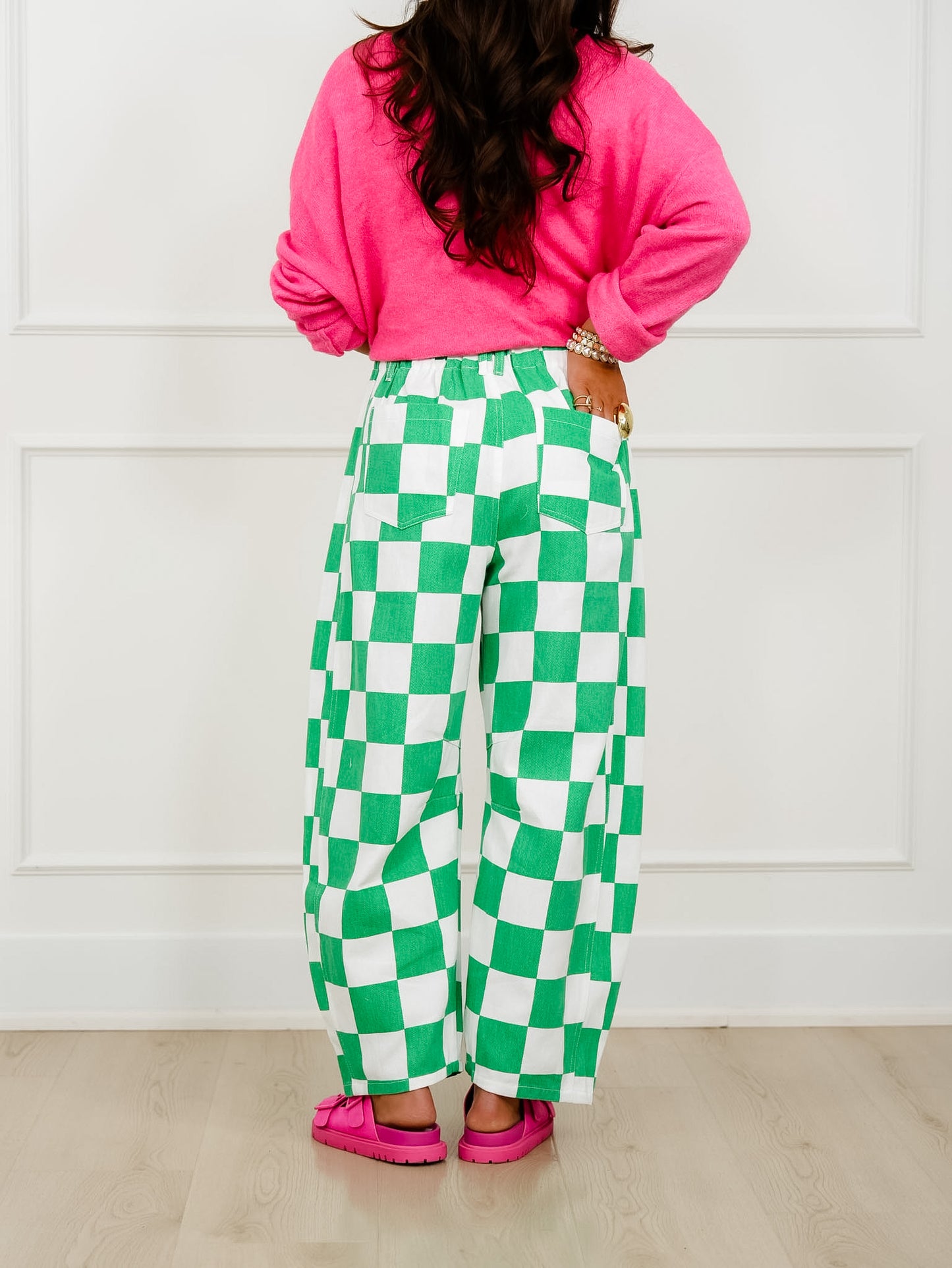 Plus/Reg Checkered Print Barrel Pants