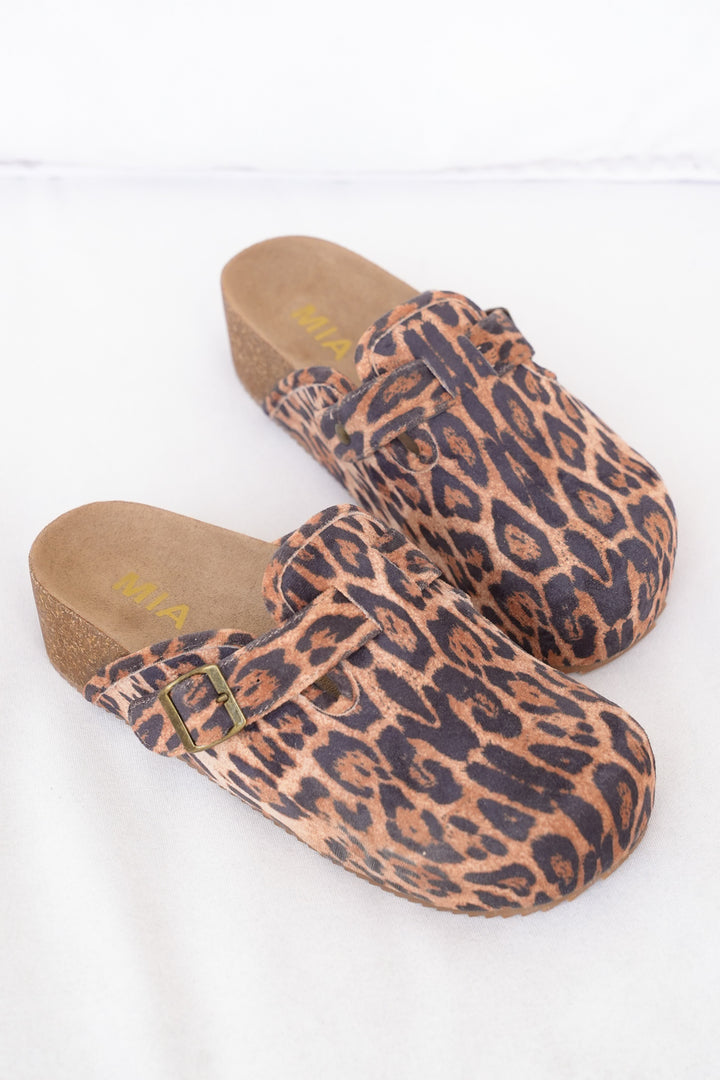 MIA Leopard Print Vegan Suede Clog with Adjustable Buckle and Cork Footbed