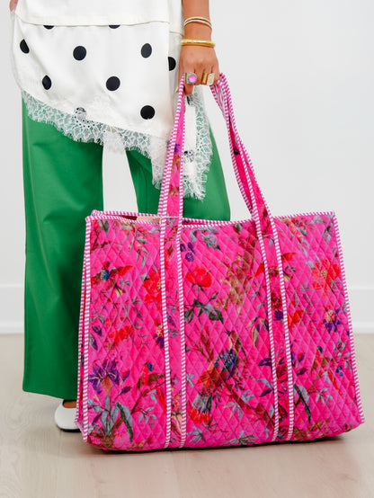 POL Fuchsia Botanical Velvet Quilted Tote Bag