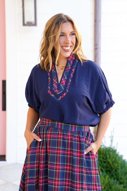 Plus/Reg Short Dolman Sleeve Plaid V Neck Top