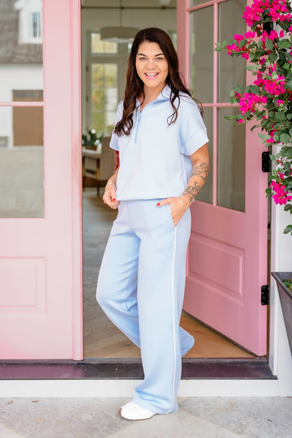 Plus/Reg Elastic Waist Scuba Knit Pants with Piping Detail