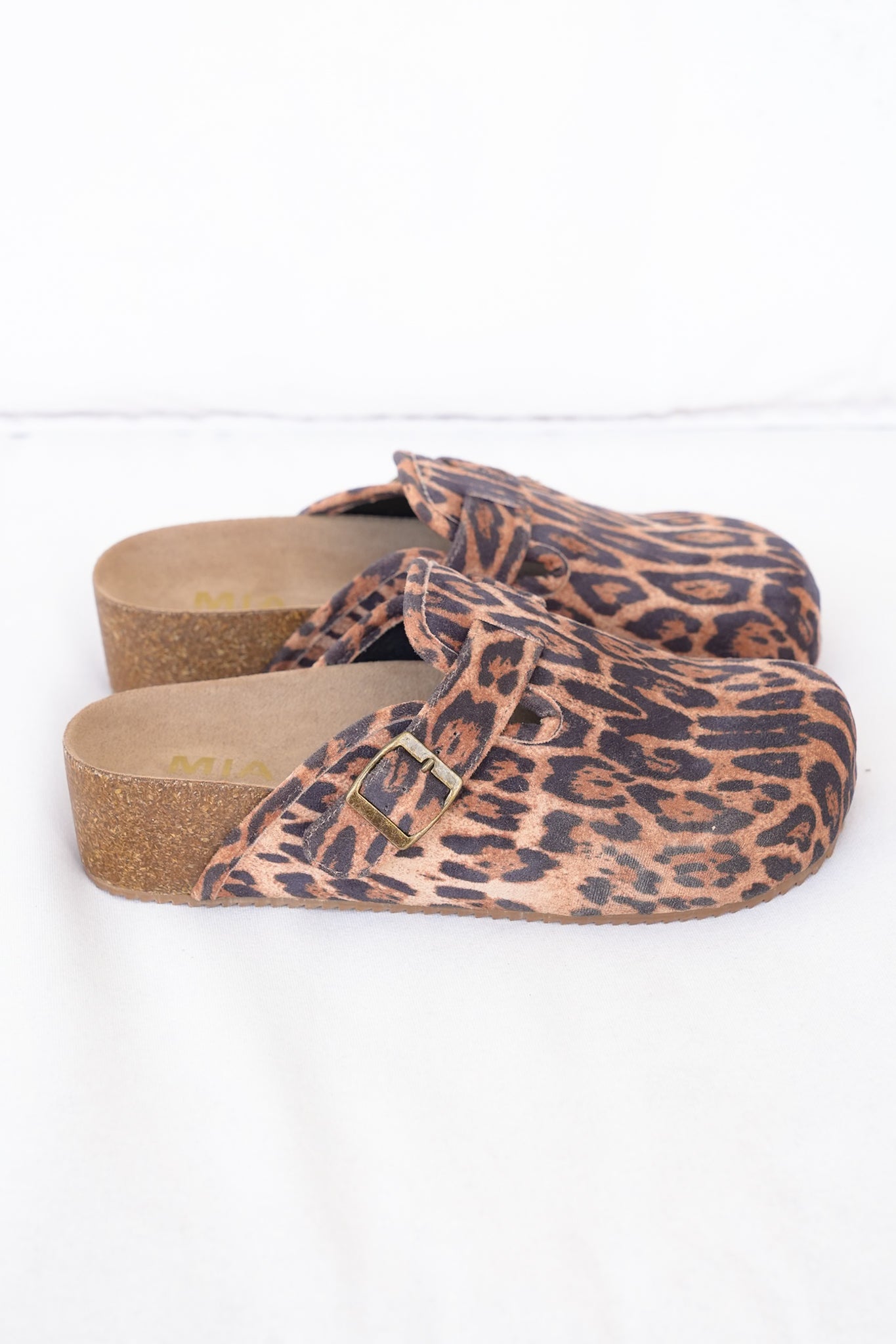 MIA Leopard Print Vegan Suede Clog with Adjustable Buckle and Cork Footbed