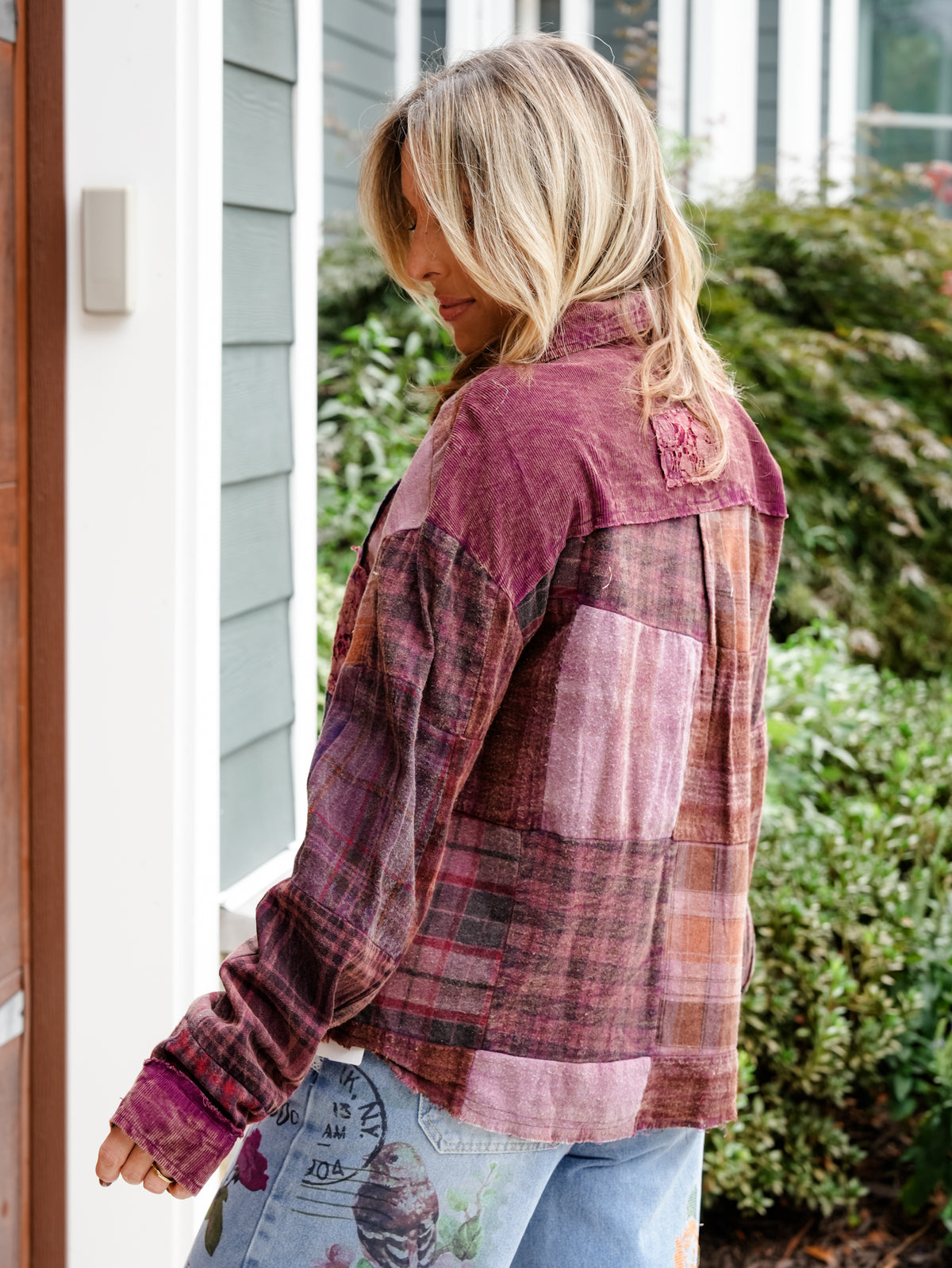 POL Patchwork Long Sleeve Button Down Top