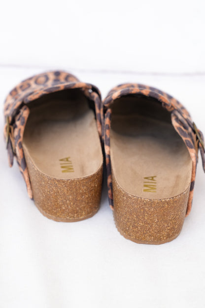 MIA Leopard Print Vegan Suede Clog with Adjustable Buckle and Cork Footbed