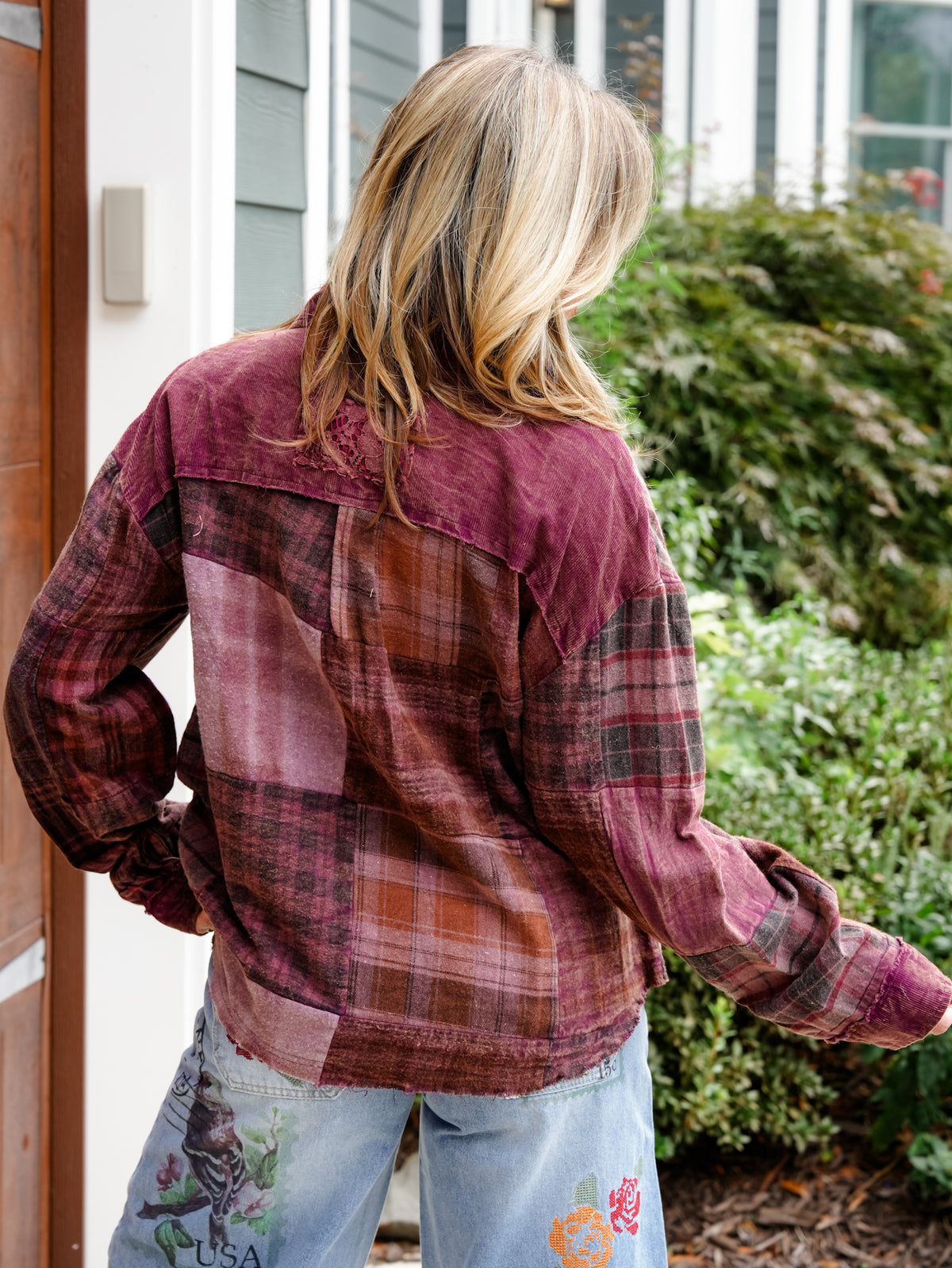 POL Patchwork Long Sleeve Button Down Top