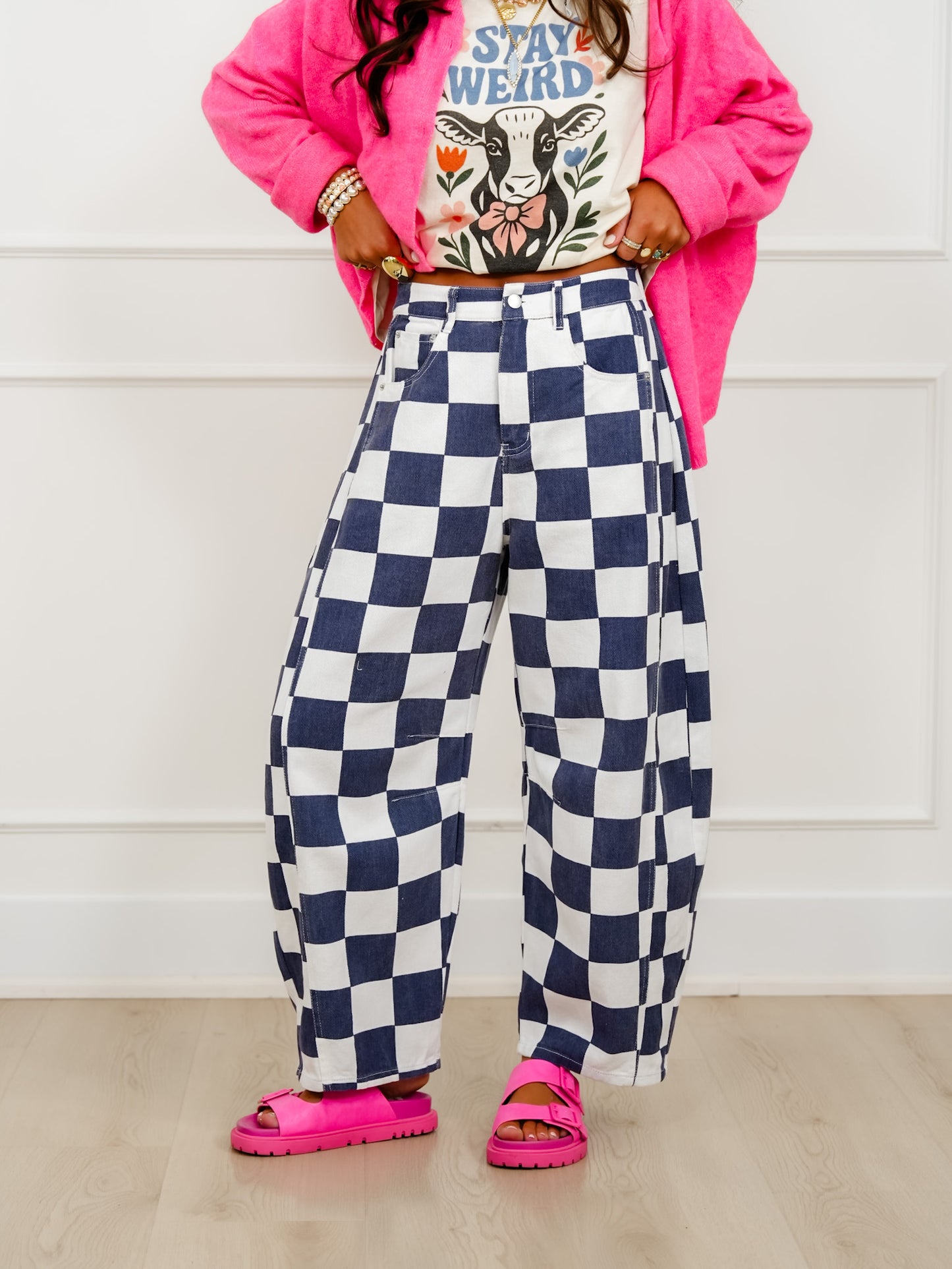 Plus/Reg Checkered Print Barrel Pants