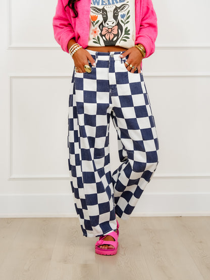 Plus/Reg Checkered Print Barrel Pants