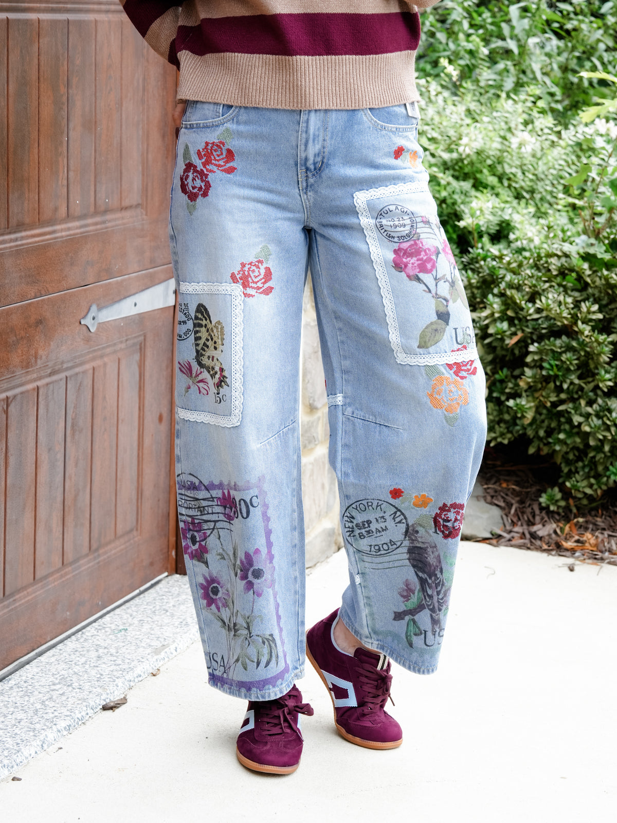 Postage Stamp Print High Waist Barrel Jeans