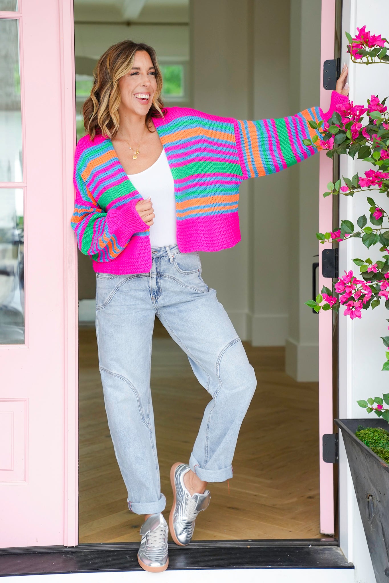 Plus/Reg Striped Long Sleeve Open Cardigan Sweater