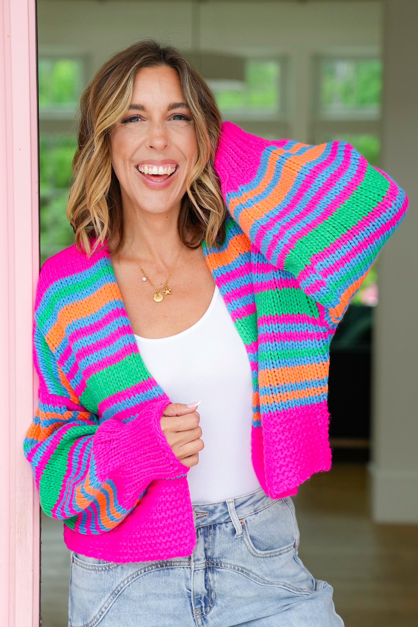 Plus/Reg Striped Long Sleeve Open Cardigan Sweater
