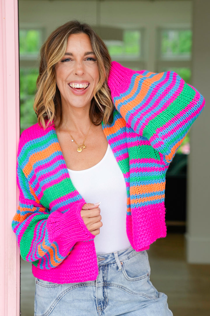 Plus/Reg Striped Long Sleeve Open Cardigan Sweater
