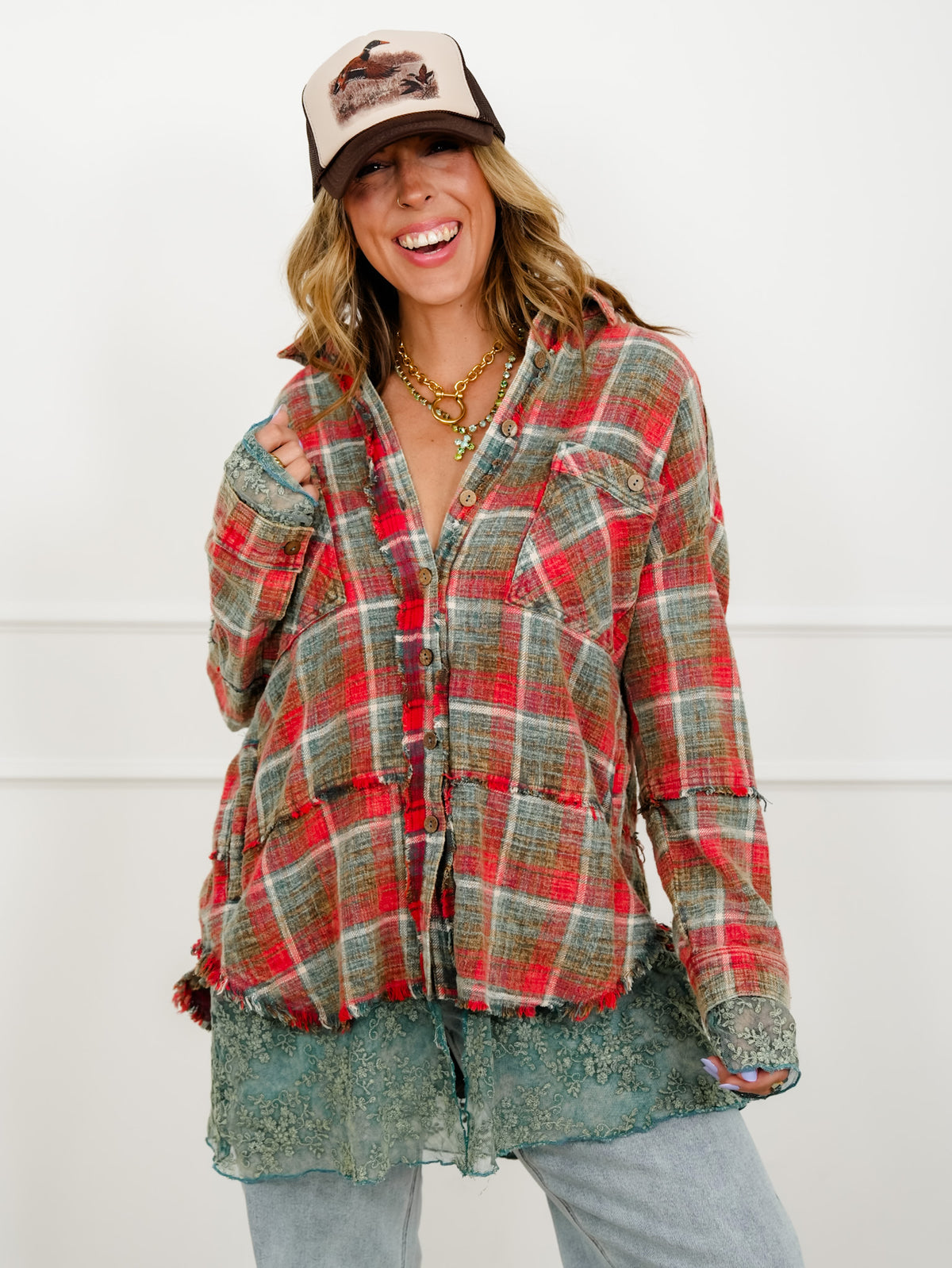 Plaid Long Sleeve Button Down Shacket with Lace Trim
